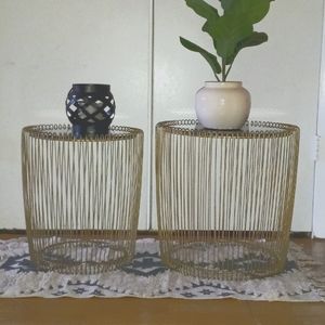 2 Modern Gold End Tables w/ Smoke Glass